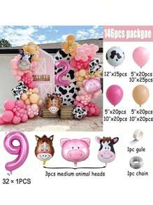 Conjunto de 146 piezas de decoración con arco y guirnalda de globos con tema de granja, incluye 40 pulgadas números del 1 al 9 de globos de aluminio rosas y globos con decoración de animales de granja para fiesta