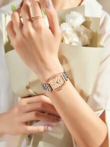 Poshi 1 pieza Reloj de pulsera de mujer elegante de cuarzo analógico con decoración de diamantes y pantalla de fecha