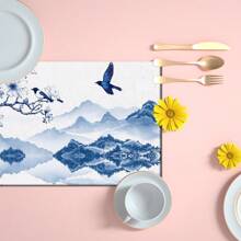 Set de 4 o 6 individuales, decoración del hogar, individual de lino estilo moderno de porcelana azul y blanca impresa, adecuado para mesas de comedor, decoración versátil de temporada en primavera, verano, otoño e invierno, individual de mesa lavable de estilo moderno, resistente al calor, resistente a las manchas, decoración de habitación, individual, posavasos, individual de mesa de cocina, decoración de fiesta, decoración del hogar, regalo ideal