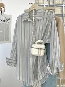 Women's Autumn/Winter New Striped Shirt, Regular Fit, Versatile Color, Button Front, Loose Shirt Collar, Comfortable, Casual, Commute, Suitable For Daily Casual Wear, Autumn/Winter Versatile Base Layer Shirt
