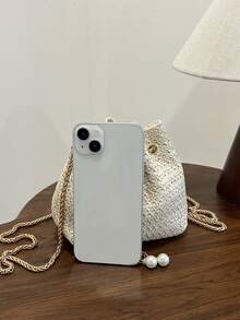 2025 New Woven Small Bucket Bag For Women, Chic Drawstring Chain Shoulder Messenger Bag - Beige - View 3