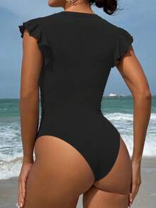 New One-Piece Swimsuit With Zipper For Women, Modest & Flattering Ruffled Conservative Swimwear - Black - View 2
