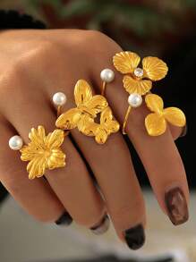 MiDuoDuo 1 pièce Bague fleur de perle de faux en acier inoxydable doré 18 carats, taille ajustable, bijou à la mode