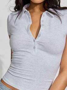 Spring And Summer New POLO Collar Button Short-Sleeved Tight Sports Waisted Versatile Tops - 淺灰色 - 查看 1