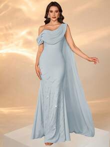 Elisanya 女式深垂领无袖连衣裙，搭配飘逸长领带，胸部褶皱设计，纯色，修身廓形，优雅缀饰下摆长裙（随机水钻和珠饰），露背系带设计，小鱼尾下摆 - 藍色 - 查看 3