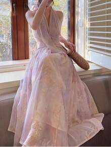Fall Women's Elegant Floral Printed Halter Backless Homecoming Party Dresses Autumn Korean Style Female Vintage Chic Birthday - View 5