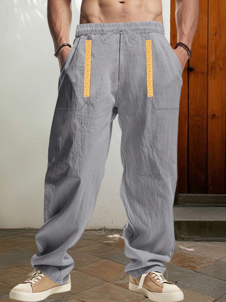 Men's Drawstring Linen Pants With Pockets Stylish Geometric Embroidery Casual Mid Rise Wide Leg Trousers For All Seasons - 灰色 - 查看 2