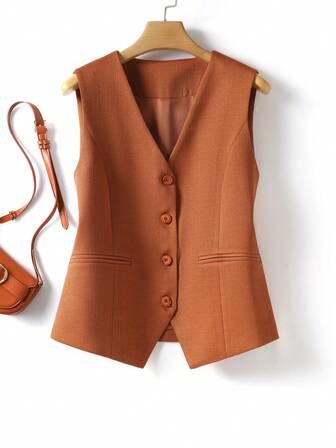 เสื้อกั๊กสีพื้นผู้หญิง เสื้อแจ็กเก็ตคอวี ฤดูใบไม้ผลิ/ใบไม้ร่วง แฟชั่นใส่ในเมือง เสื้อผ้าสตรี