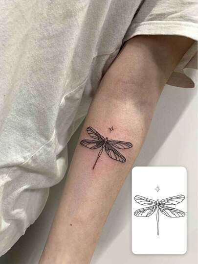 1pc 7-14 Days Lasting Herbal Temporary Tattoo Sticker, Dark Dragonfly Spread Wings Design, Suitable For Fingers, Simple & , Waterproof & Sweatproof,