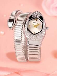 1pc Women's Gold Color Metal Band Snake Shape Quartz Wrist Watch, Suitable For Daily And Party Wear