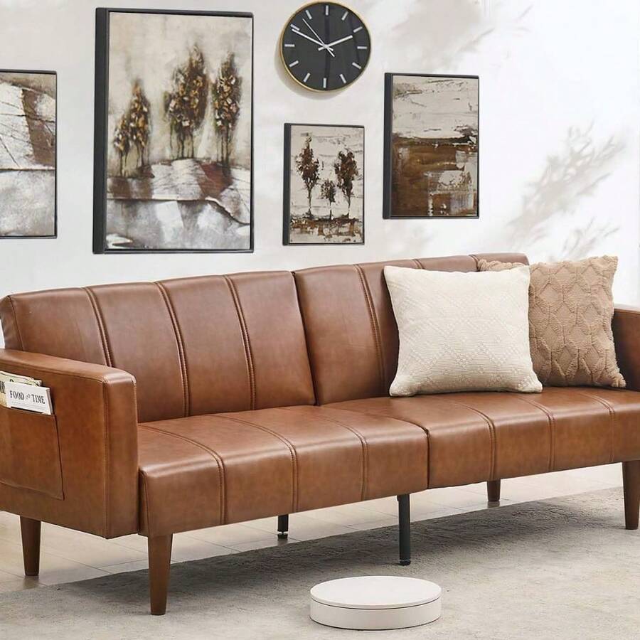 Broadfashion Futon Sofa Bed, Modern Folding Futon Set, PU Leather Convertible Recliner Lounge With Side Pockets & Adjustable Backrest For Living Room - 棕色 - 查看 1