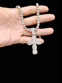 1个十字架吊坠和5毫米珠链，男女皆宜的时尚嘻哈朋克吊坠项链，复古项链，适合日常佩戴或派对，有两种链子款式可选 - 銀色 - 查看 2