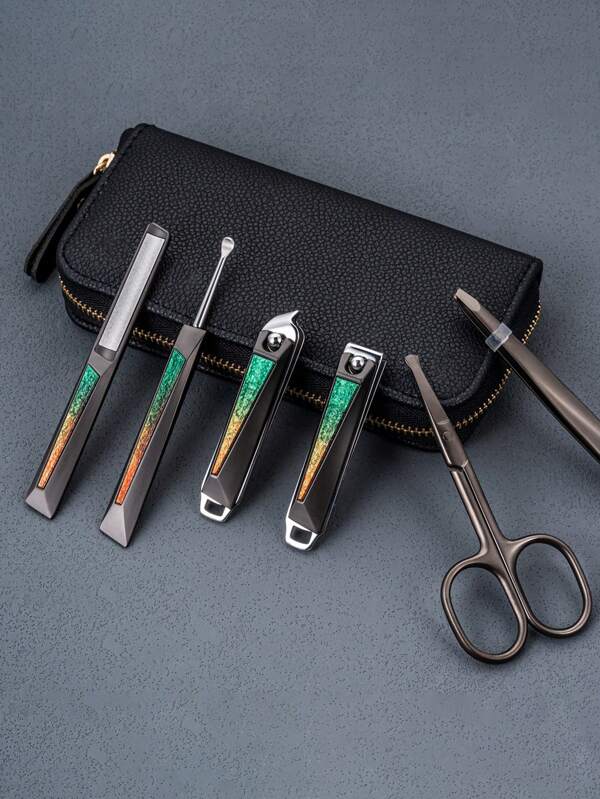 6 Stück Strukturierter Farbverlauf Maniküre-Set - Schwarze Kiesel Leder Reißverschluss Tasche, Spa-Qualität Pflegeset für luxuriöse Geschenke und Heimgebrauch