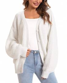 1 Women's Rose/Camel Loose Thick Warm Temperament Sweater Jacket For Home Travel Halloween Top Casual Women's Deep V Neck Drop Shoulder Button Rib-Knit Long Sleeve Midi Cardigan In Wool-Like Fabric - 白色 - 查看 1