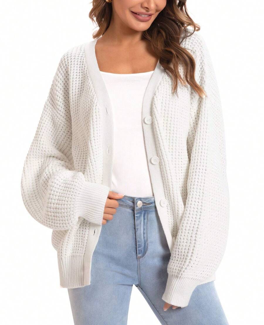 1 Women's Rose/Camel Loose Thick Warm Temperament Sweater Jacket For Home Travel Halloween Top Casual Women's Deep V Neck Drop Shoulder Button Rib-Knit Long Sleeve Midi Cardigan In Wool-Like Fabric - 白色 - 查看 1