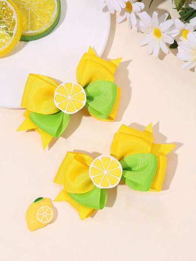 2 piezas Pinzas para el cabello con lazo de limón para niñas, pasadores de cinta de satén con diseño de frutas en capas para verano, fiestas de cumpleaños, vacaciones y uso diario, accesorios para el cabello divertidos para adolescentes