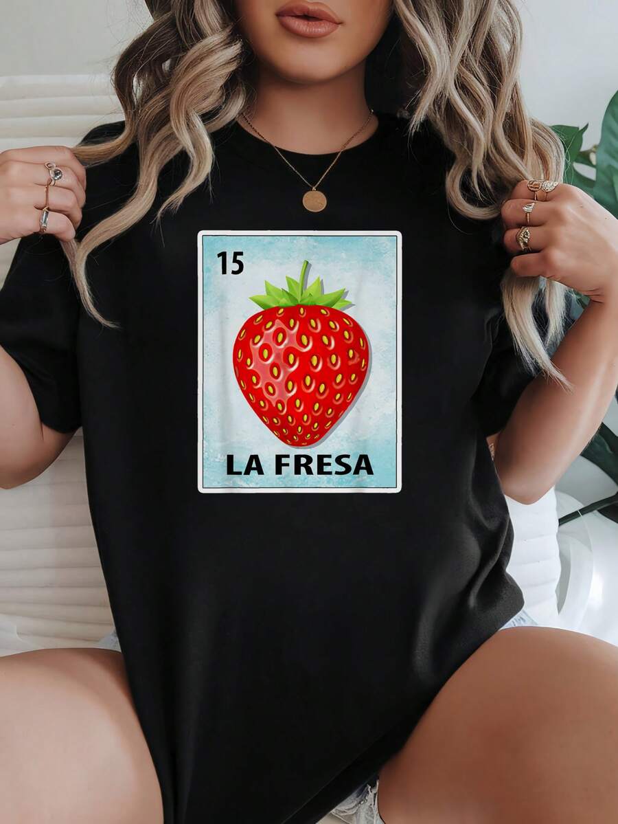Camiseta casual holgada para mujer con estampado gráfico de LA FRESA de fresa en color negro, cómoda para uso diario - Negro - Ver 1