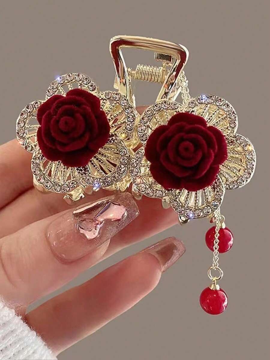 Presilha de cabelo feminina pequena com detalhe de flor metálica e strass, ideal para uso diário. Presilha elegante para cabelo, grampo de cabelo, acessório de cabelo para outono e inverno, perfeita para looks de férias e verão. - Branco - Ver 1