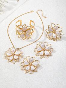 1 套优雅百搭几何镂空花瓣可调节花朵手链、戒指、项链和耳环首饰套装，适合日常佩戴和正式活动 - 彩色 - 查看 5