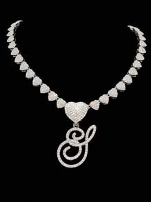 1pc Women's Letter Pendant Necklace With 20-Inch Fully Diamond Heart Necklace, Fashionable Retro Hip Hop Pendant Necklace, Elegant Valentine's Day Gift Suitable For Women And Girls For Daily Wear Or Parties
