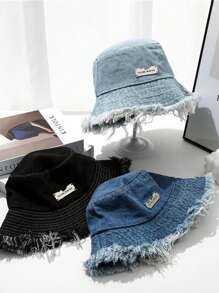 1 Peça Chapéu de Balde de Denim Lavado com Franjas Feminino, Adequado para uso diário, bom para combinar com o visual