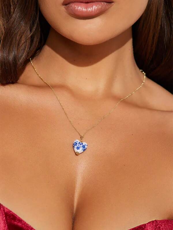 1pc Vintage Chinese Porcelain Style Hand-Painted Tulip Pattern Pendant Necklace For Women, Suitable For Daily Wear