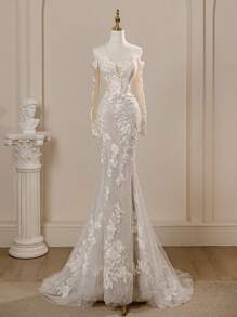 Luxurious Off-The-Shoulder Long Sleeve Florence Lady Resort White Tail Mermaid Wedding Dresses Bridal