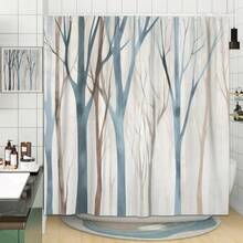 Brown Blue Tree Fabric Shower Curtain Art Style Abstract Birch Forest Rustic Wood Polyester Fabric Waterproof Bath Curtain Farmhouse Bathroom Shower Curtains With Hooks 72X72 InchCQC - Brown - View 3