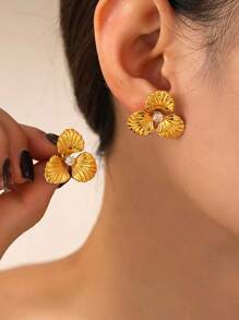 MiDuoDuo 1 pièce Bague fleur de perle de faux en acier inoxydable doré 18 carats, taille ajustable, bijou à la mode