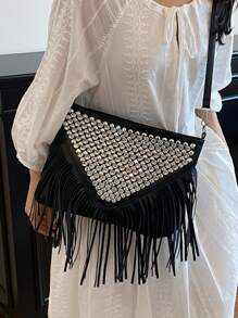 Bolso bandolera vintage de moda, bolso de hombro estilo bohemio, bolso cuadrado con borlas y remaches para decoración transversal, bolso informal de mensajería casual para viajes y uso diario, bolso de trabajo portátil tipo satchel, bolso bandolera pequeño con flecos.