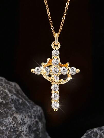 1pc Crown Cross Necklace Women Men Zirconia Gold Pated Rotable Pendant Necklace Party Vacation Birthday Jewelry Gift For Girlfriend BBF Couple