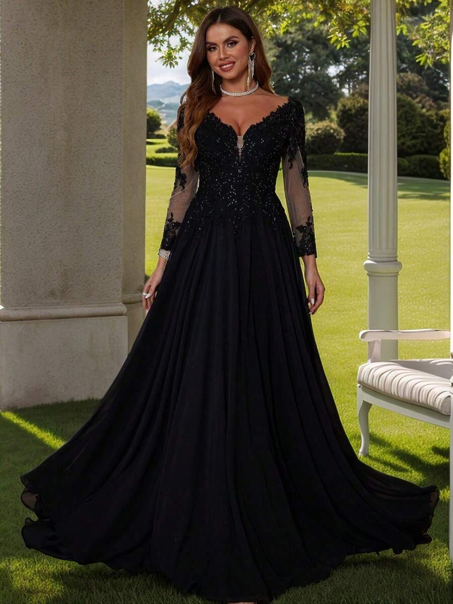 Suknie ślubne z długim rękawem z szyfonu i koronki z trenem, odkrytymi plecami i dekoltem w serek, jednokolorowe wykończenia, długość do ziemi, na wesele, luksusowa aplikacja z siateczki, linia A, formalna suknia ślubna dla panny młodej - Czarne - Zobacz 1