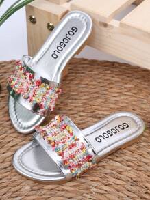 1 Pair Girls' Open Toe Sandals, Casual Minimalist Fashion, Flat Beach Slippers For Indoor & Outdoor, Suitable For Daily, Holiday And Travel