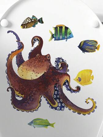 1 pièce Lumière de nuit avec motifs de vie marine du monde sous-marin, autocollants pour toilettes, universel, mignon, en plastique, étanche à la poussière, pieuvre, petit poisson
