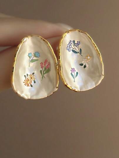 1 par de pendientes con diseño floral y efecto chorreado de esmalte, estilo vintage francés, de alta gama, para dar un toque especial en días festivos