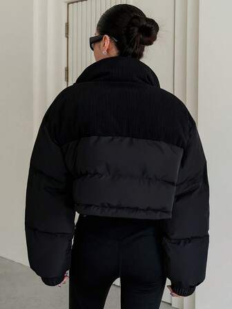 Women's Short Padded Coat, Color Block Corduroy Zipper Stand Collar, Suitable For Party, Date, Daily Wear In Autumn/Winter