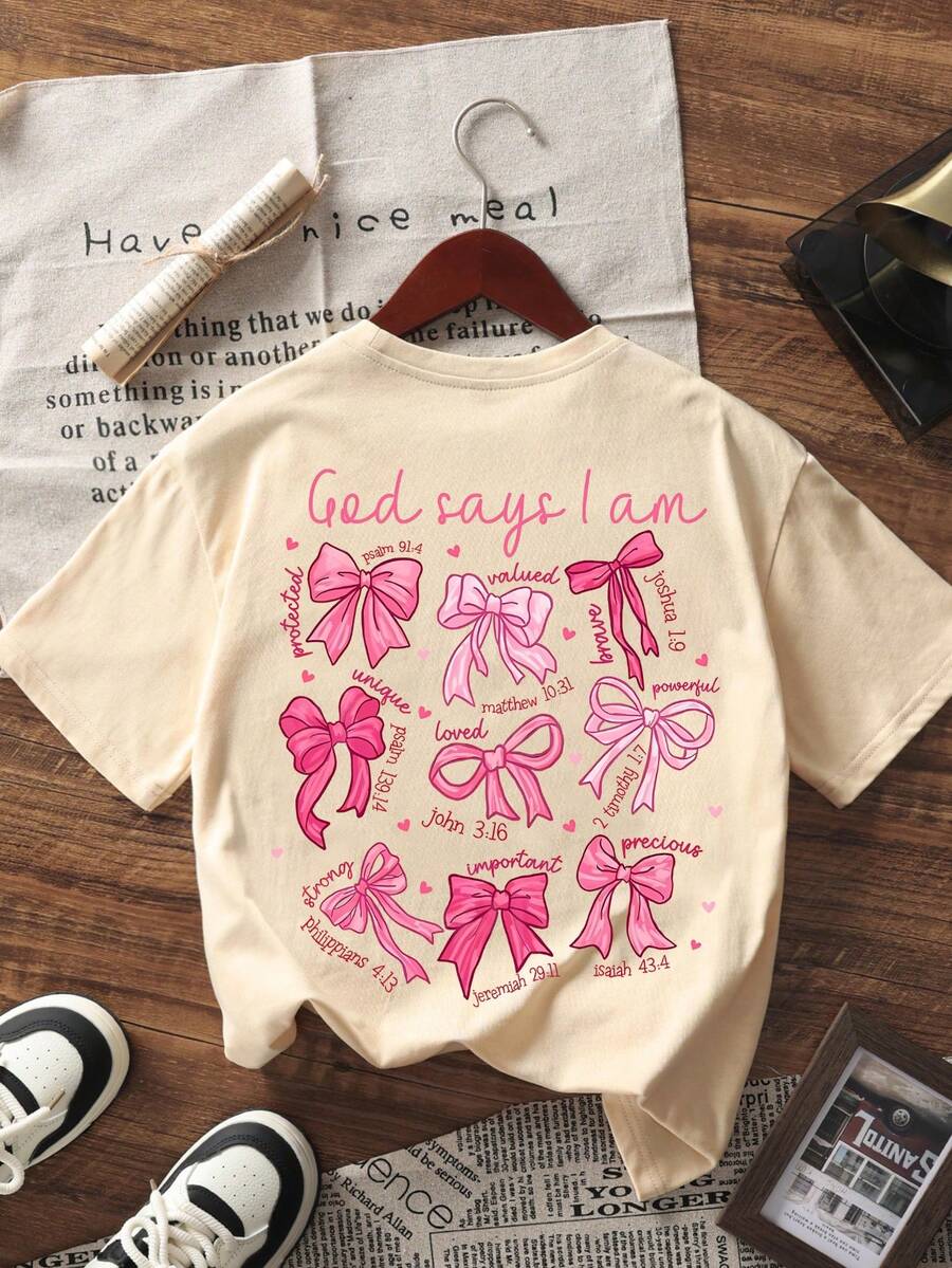 Camiseta de manga corta y cuello redondo con estampado de mariposas para niñas preadolescentes, ropa de estudiante y niños pequeños, top de verano para niñas listas para jugar - Albaricoque - Ver 1