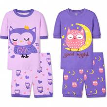 Girls Pure Cotton Summer Pjs Size 2T-14Years, Little Girls Short Sleeve 4-Piece Sleepwear Kids Toddler Pajamas Set - 紫色 - 查看 8