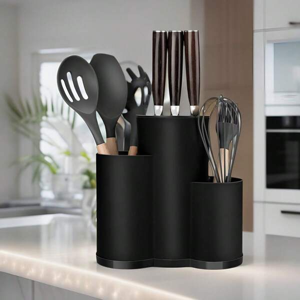 1pc Universal Knife Holder, 3-In-1, Kitchen Utensil Rack, Knife Block, Knife Storage Rack, Large Kitchen Tools, Black Brushed Multi-Function Kitchen Utensil Holder For Knives, Chopsticks, And More - Space-Saving Kitchen Gadget