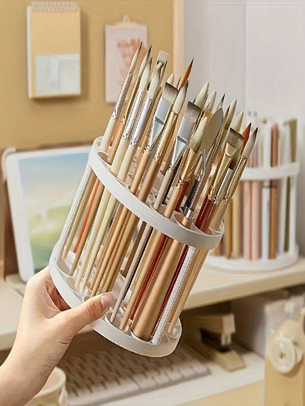 1 pieza Organizador giratorio de 360° para maquillaje y artículos para el arte - Soporte de plástico blanco con superficie pintada de fácil limpieza, diseño ahorra espacio para pinceles, tubos de pintura y herramientas de maquillaje | Acabado pulido liso, instalación tipo inserto para artistas y profesionales, accesorios de maquillaje, solución de almacenamiento elegante, construcción de alta calidad