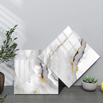 10片装大理石纹仿瓷砖墙贴，2D平面现代PVC可移除壁纸，适用于家居、厨房、房间、墙面、地面装饰