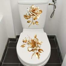 [自然之美] 2 件闪亮金花浴室装饰马桶贴纸，自粘 PVC 防水易移除，适用于陶瓷表面 | 一次性 | 浴室美学
