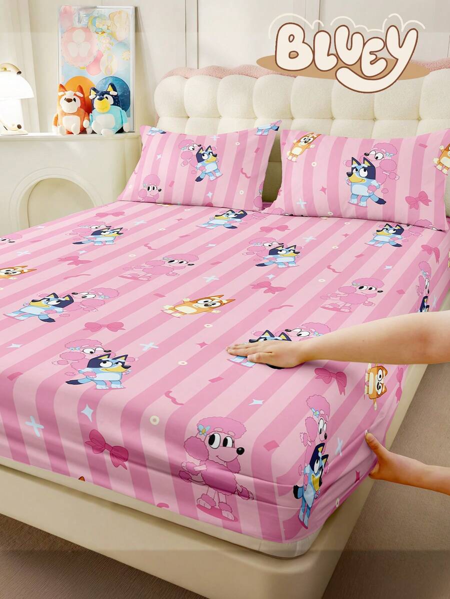 Bluey 1 件  床笠、 粉色泡泡图案床上用品、床垫保护套、床罩、床单、舒适家纺、亲肤透气抗起球床垫保护套、卡通床罩、家居装饰、装饰性床罩、卧室宿舍床罩、适合所有尺寸的床 - 单人床、双人床、大号床、特大号床、适合所有季节、秋季装饰、房间装饰、返校、学校用品 - 粉色 - 查看 1