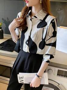 Áo sơ mi công sở in họa tiết thanh lịch dành cho nữ mùa xuân, hè và thu - Áo sơ mi dài tay - Đen và trắng - Xem 5