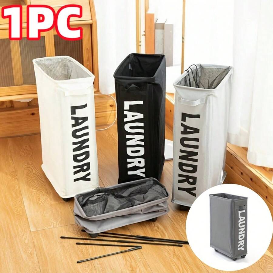 سلة غسيل قابلة للطي خلفة أسطوانية نايلون مقاوم للماء بعجلات، حرك سلة التنظيم متعددة الأغراض لزاوية المنزل، مجموعة سلة غسيل قابلة للطي وللمنظم للغرفة المعيشة/ غرفة النوم/ الحمام/ صالة اليوغا