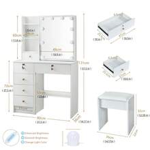 White Vanity Table Set With Lighted Mirror, Stool, Drawers, Multi-Level Shelves, Makeup Dressing Table With LED Bulbs - Adjustable Lighted Modes - Dressing Table Set With LED Sliding Mirror For Girls Bedroom - 白色 - 查看 9