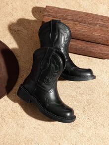 Women's Cowboy Western Ankle Booties, Thick Heel Slip-On Embroidered Square Toe Mid-Calf Fashion Boots, For Country Concerts, Rodeos, And Casual Outings,Autumn Winter Short Shaft Riding Boots - 黑色 - 查看 6