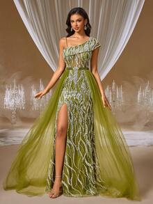 GIFORU Lavender Quartz & White Mermaid Gown Sheer Illusion One-Shoulder Dress With Silver Sequin Beading & Tulle Skirt Perfect For Gala Wedding Or Red Carpet - Olive Green - View 11