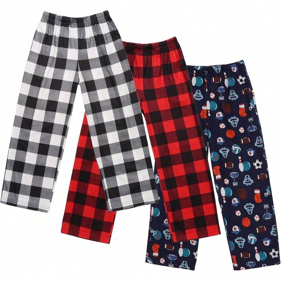 Boys Pajama Pants 3 Pack Sleep Pants Soft Elastic Waist Kids Pajama Bottoms Plaid Lounge Pants With 2 Pockets - B-模式1 - 查看 1