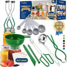 Glow HavenCanning Supplies Starter Kit,Canning Kit Beginners Of 9 With Jar Lifter,Wide Mouth Funnel,Wrench,Tongs,Lid Lifter,Bubble Popper,Canning Labels,Ladle,Measuring Spoon-Blue - màu xanh lá - Xem 1